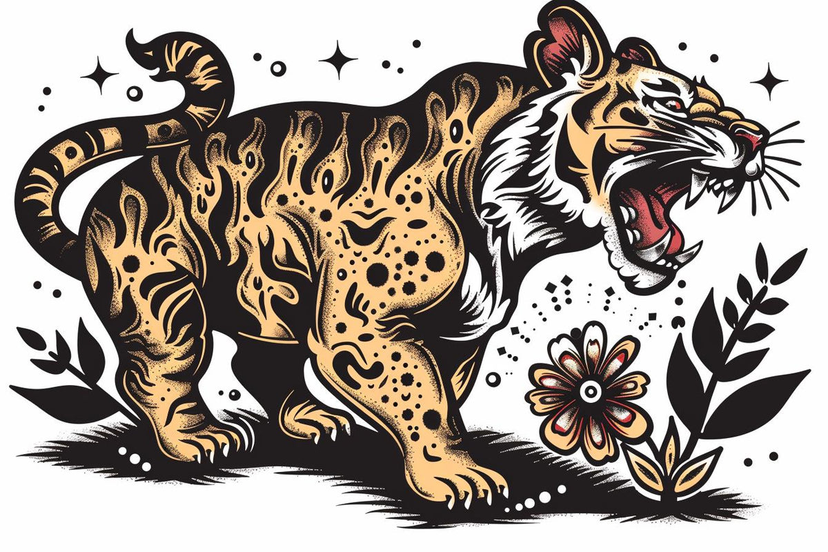 tiger  leaping  flowers  stars  illustration  Sailor  Jerry  dynamic  wildlife  art 943491
