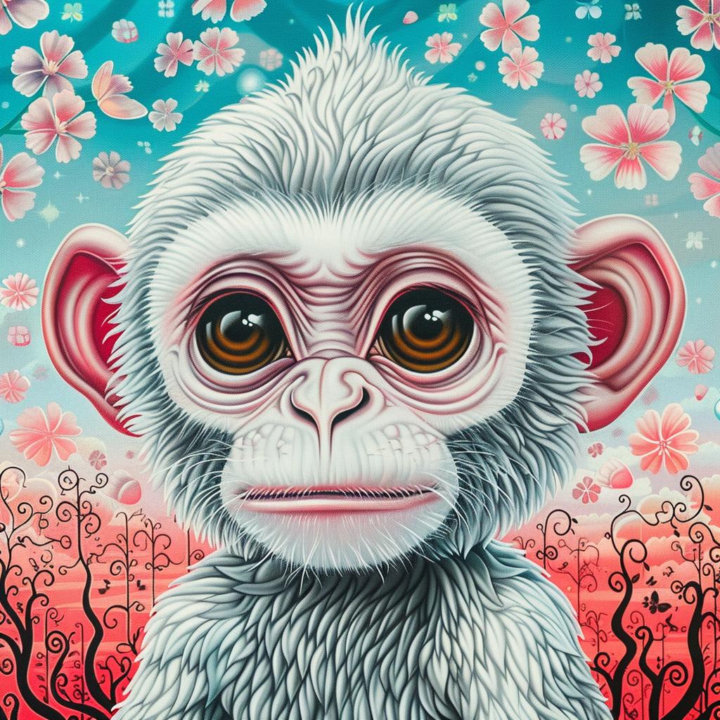 شمبانزي كاواي لوحة قرد أزهار خلفية بيضاء حيوان لطيف ملون 1033919