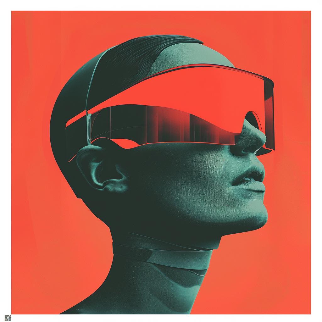 surreal  album  cover  hyper-realistic  screenprinting  woman  futuristic  glasses  orange  background 961607