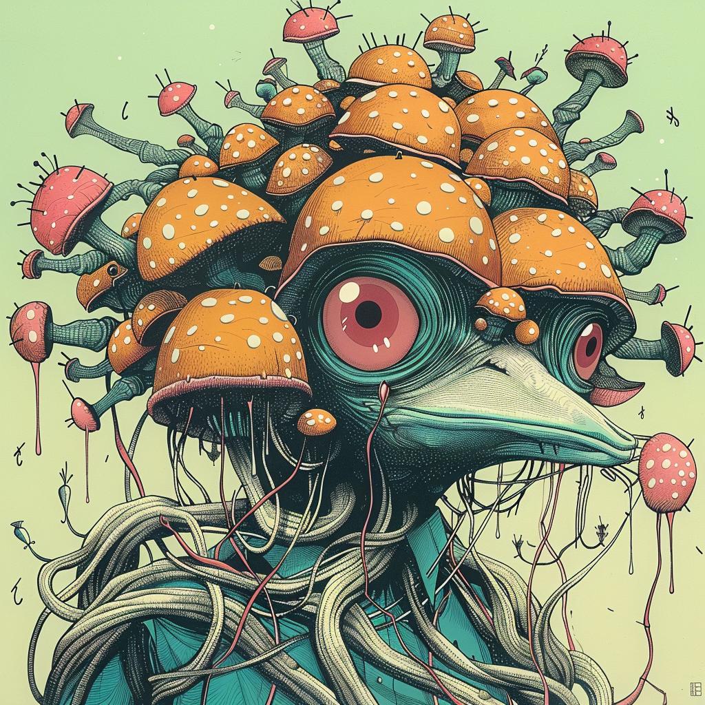 bird  mushrooms  surreal  imaginative  cartoonish  playful  nature  creativity  colorful  fantasy 923660