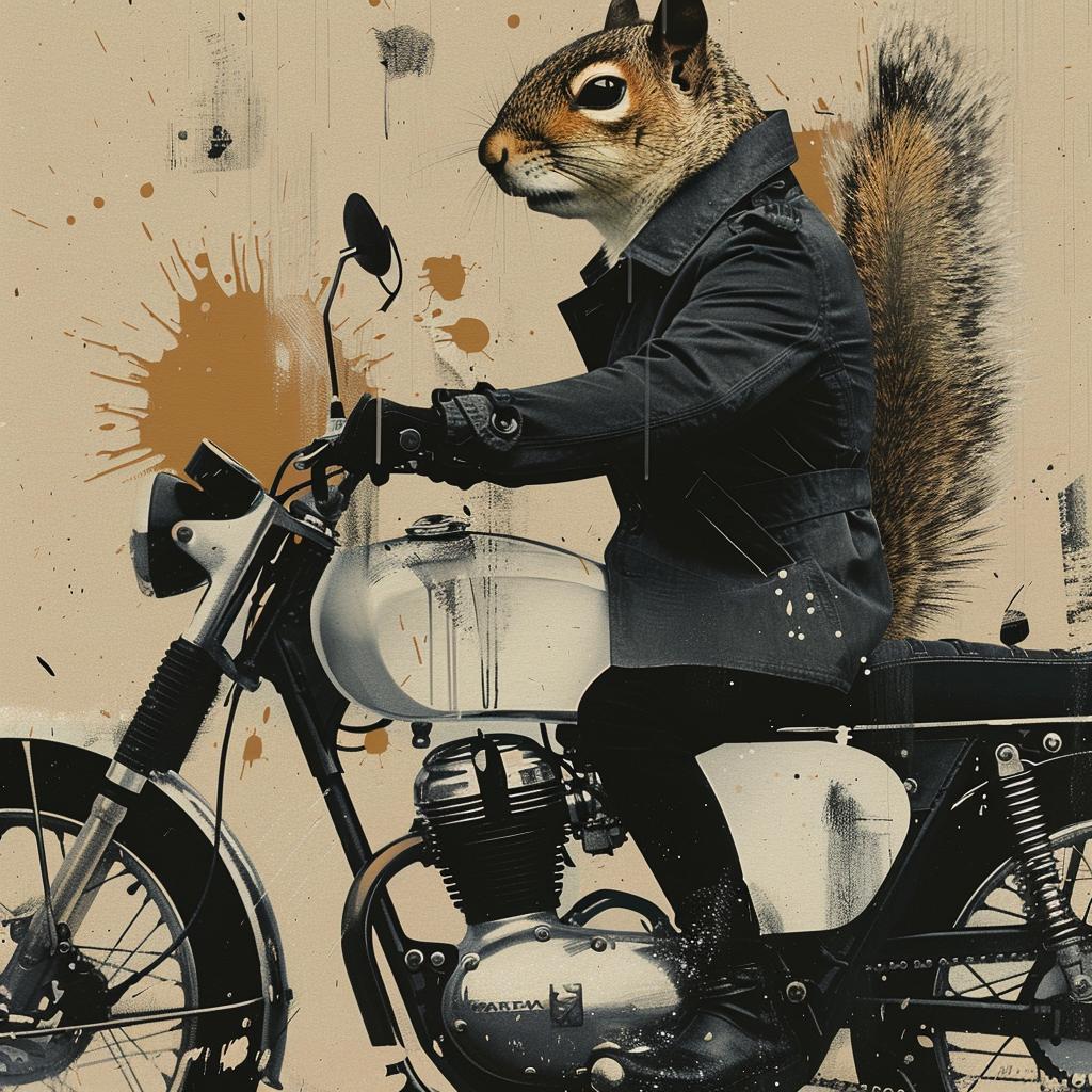 squirrel  motorcycle  trenchcoat  quirky  adventure  whimsical  animal  funny  painterly  humor 1021449