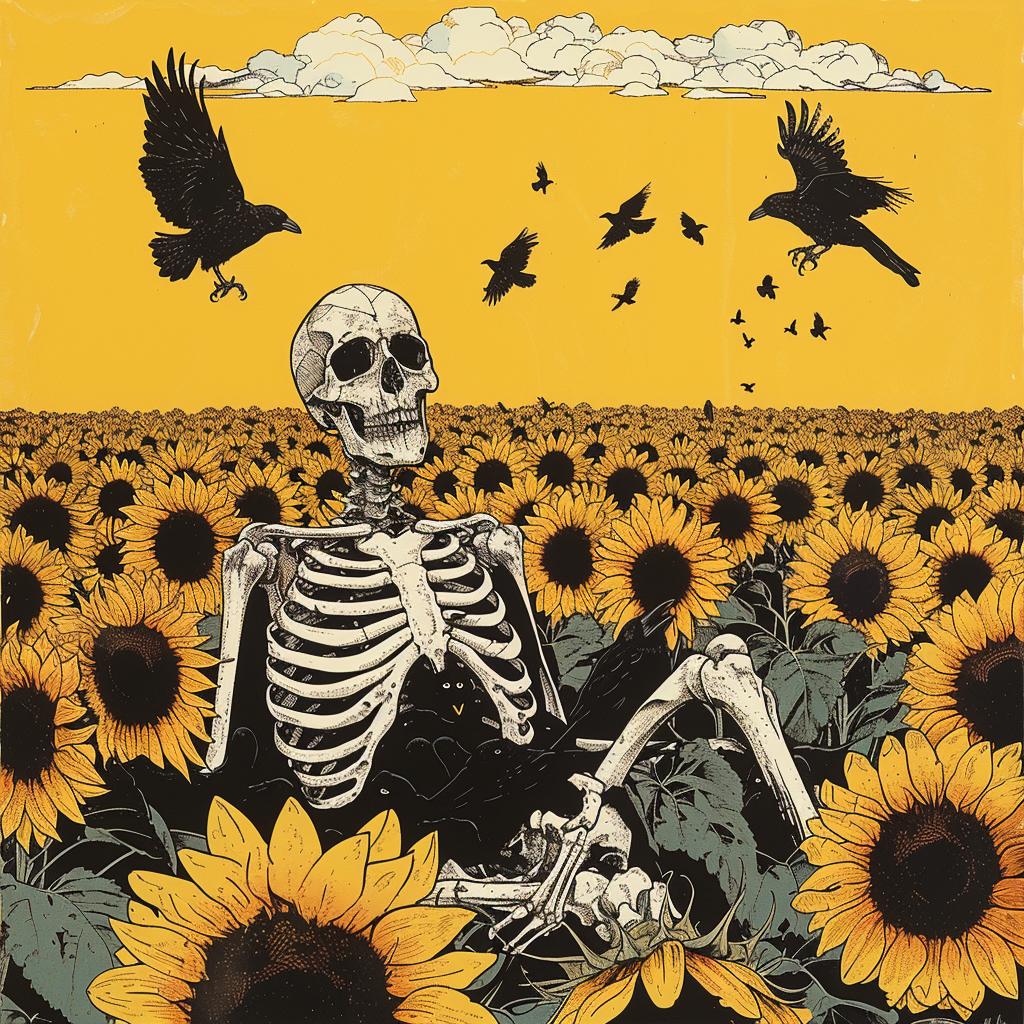 skeleton  sunflowers  birds  surreal  hyper-realistic  screenprinting  Toshio  Saeki  field  album 960895