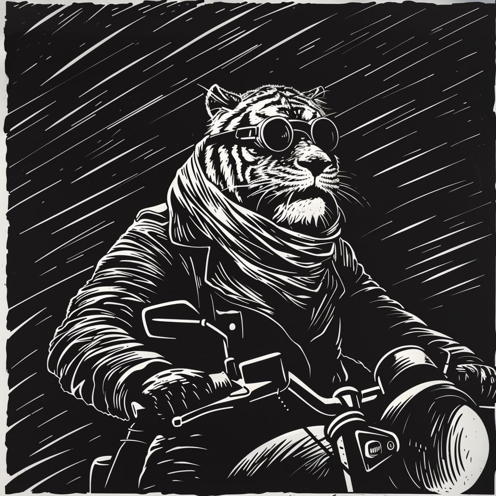 tiger  motorcycle  scarf  sunglasses  anthropomorphic  stylized  illustration  art  vintage  road 1025999