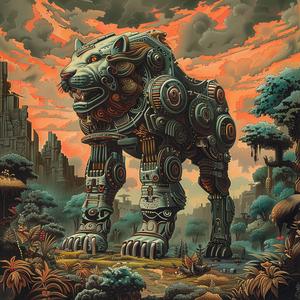 robot  jungle  standing  chromolithography  artwork  illustration  colorful  nature  futuristic  scene 1052807