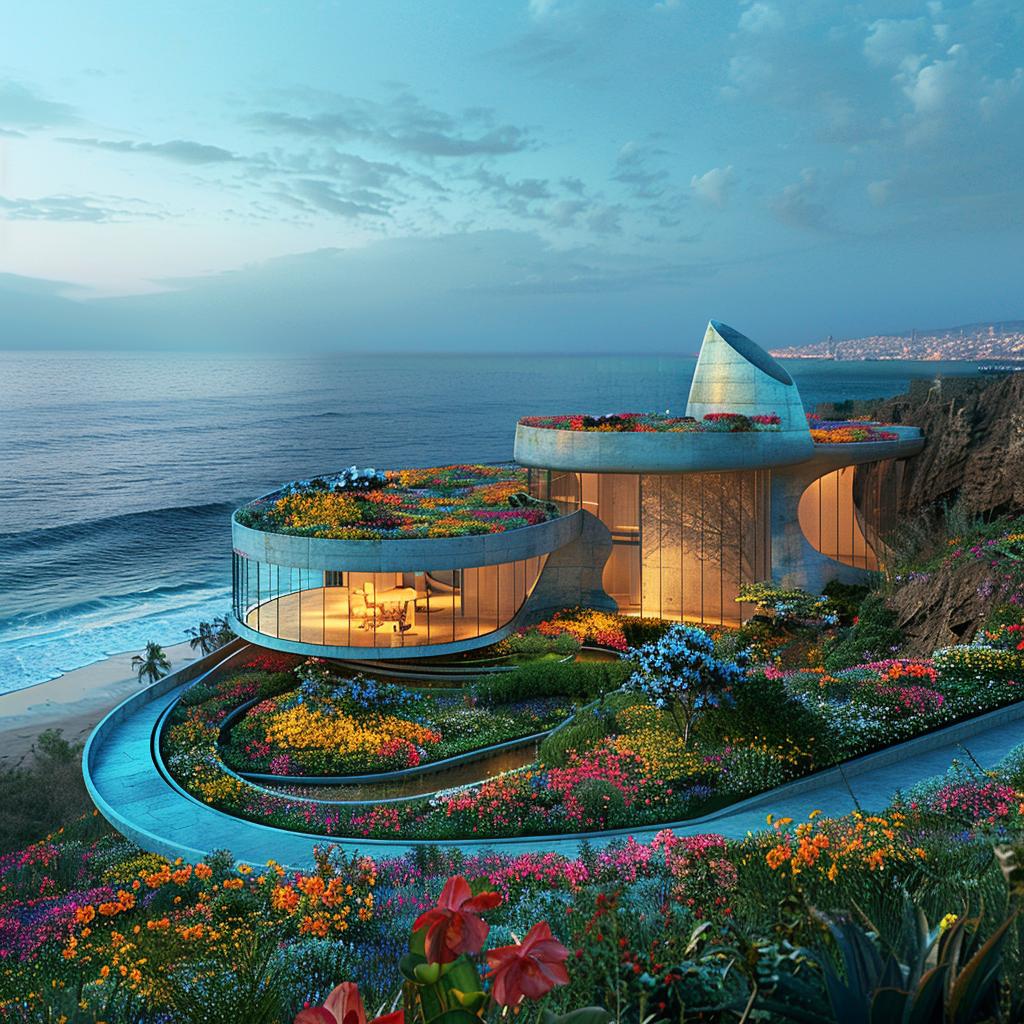 Frank Gehry  architecture  ocean  blue  rendering  flowers  modern  design  home  cliff 1036461