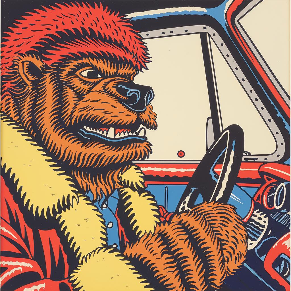 bear  driving  car  poster  cartoon  humor  Sasquatch  adventure  playful  fun 962712
