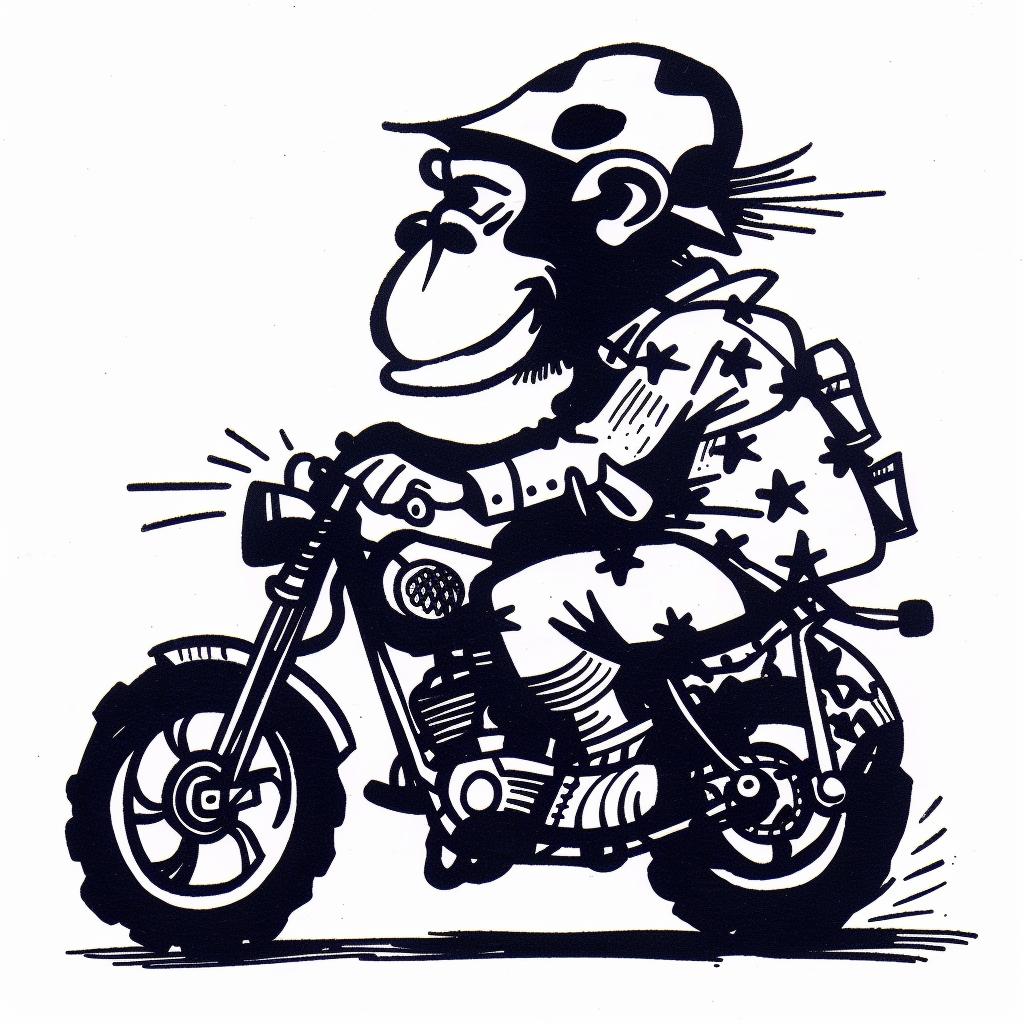 monkey  motorcycle  cartoon  funny  whimsical  blue  white  playful  animal  illustration 1025450