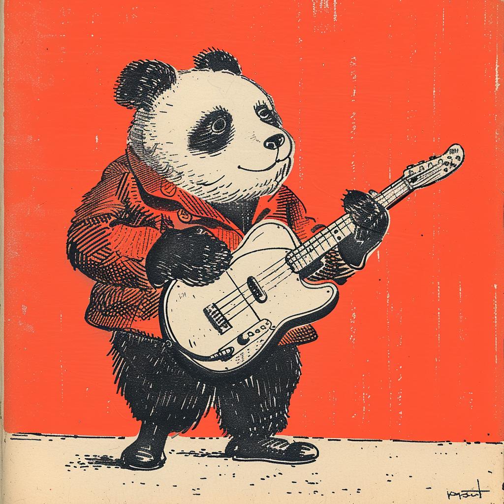 panda  guitar  cartoon  fender  anthropomorphic  music  colorful  character  playful  illustration 922658