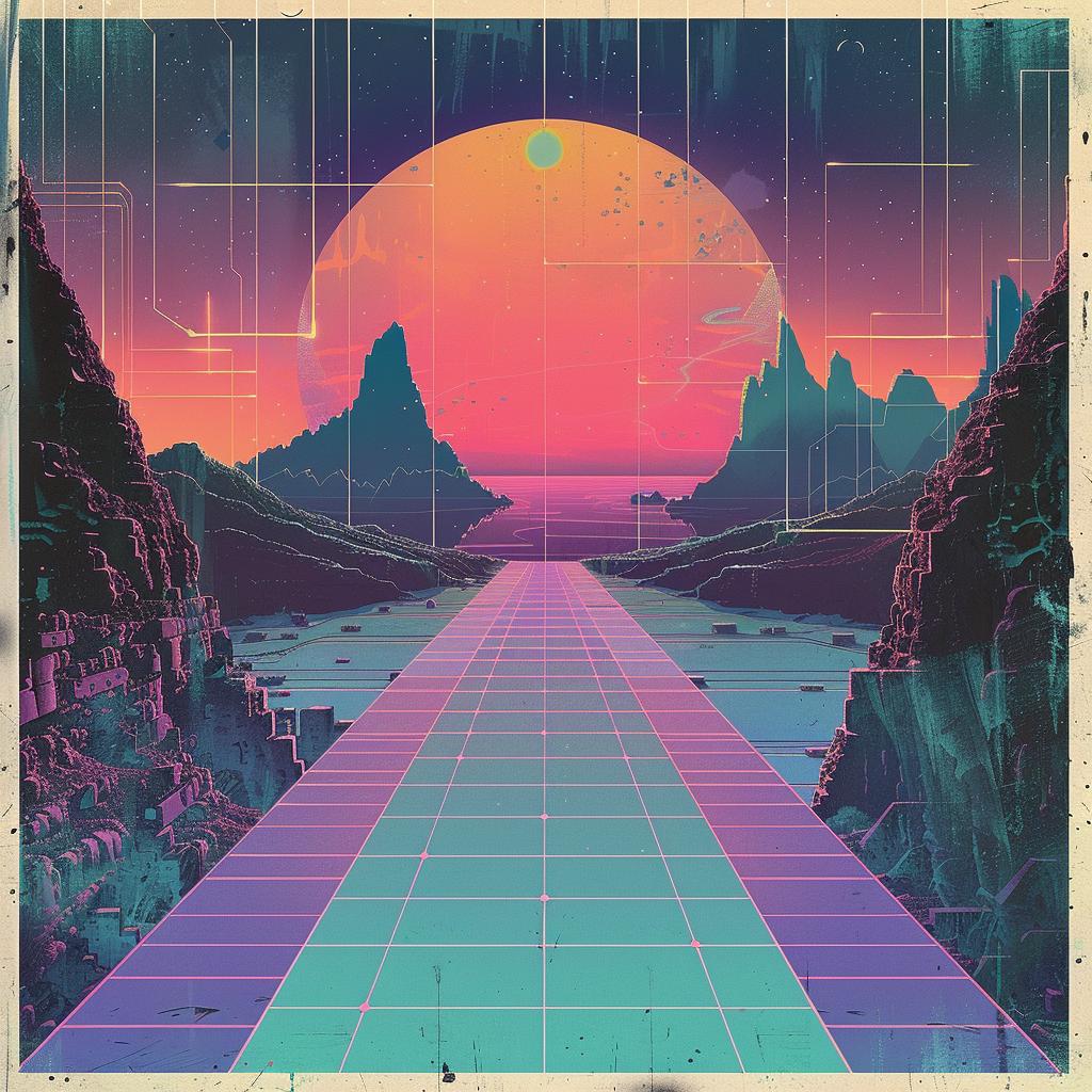album  80s  synthwave  trippy  geometric  sunset  poster  blues  teals  art 960765