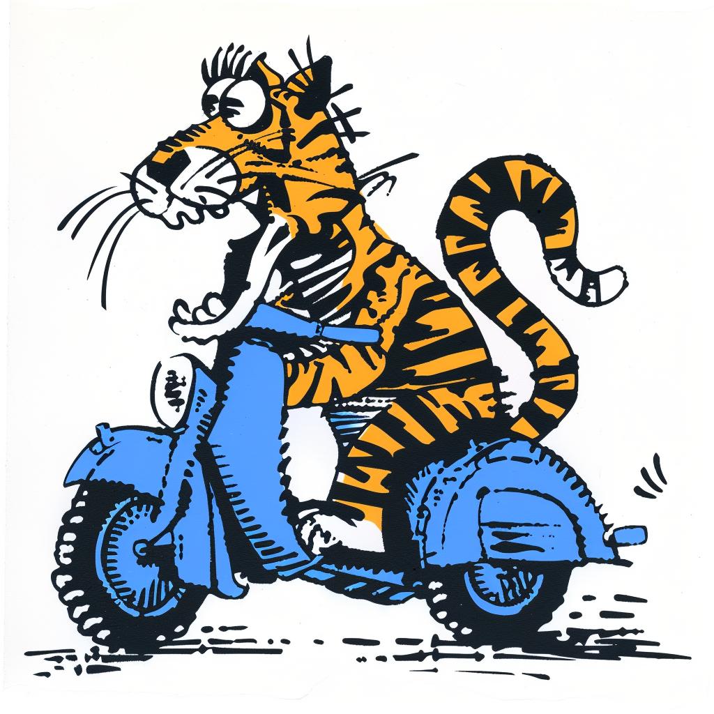 tiger  moped  cartoon  scooter  whimsical  animal  fun  illustration  colorful  playful 1028305