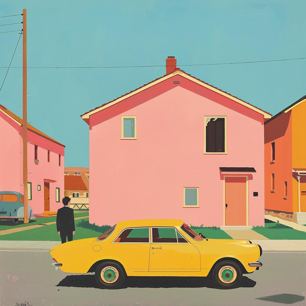 surreal  scene  charming  unexpected  yellow  car  pink  houses  creative  artistic 1019186
