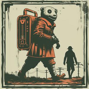 surreal  album  cover  panda  man  walking  journey  Risograph  symbolism  screenprinting 1077857