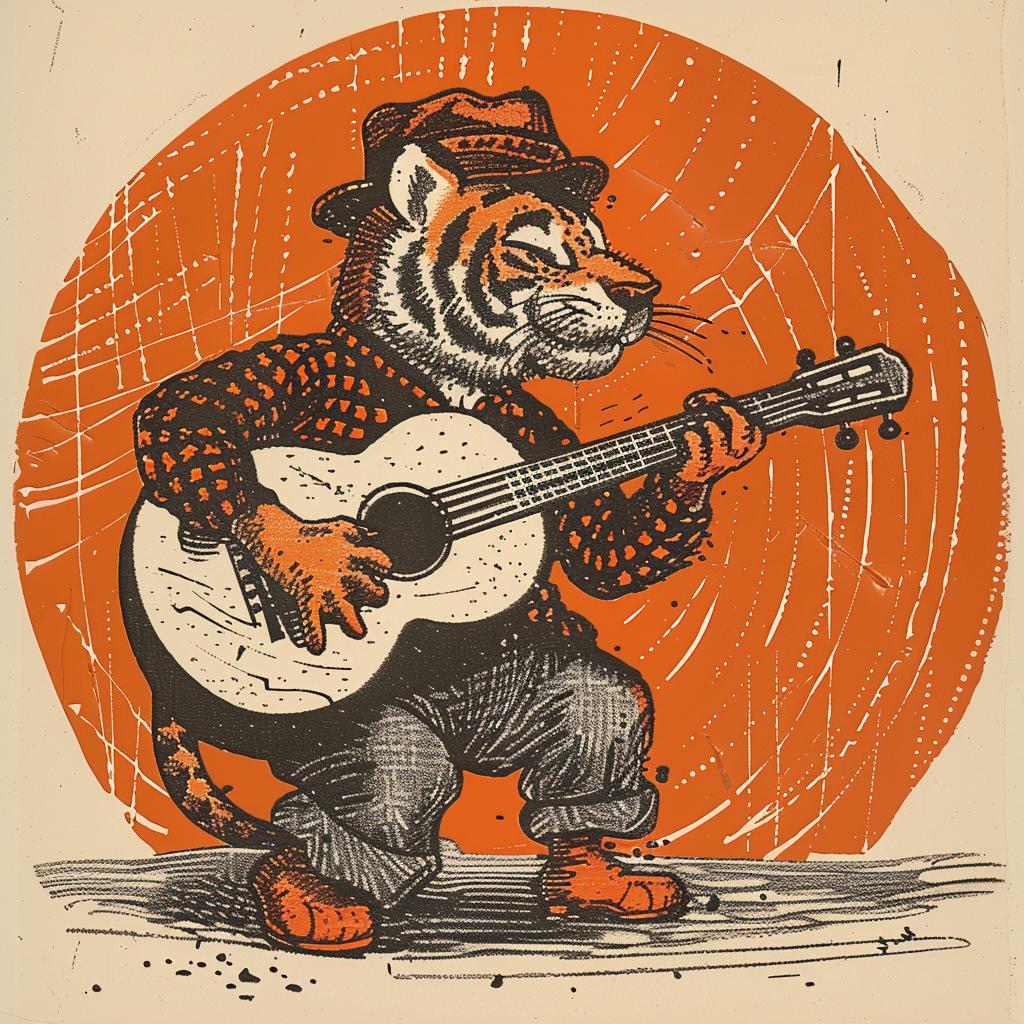 tiger  guitar  anthropomorphic  Rockwell  illustration  musical  artistic  fun  character  playful 922074