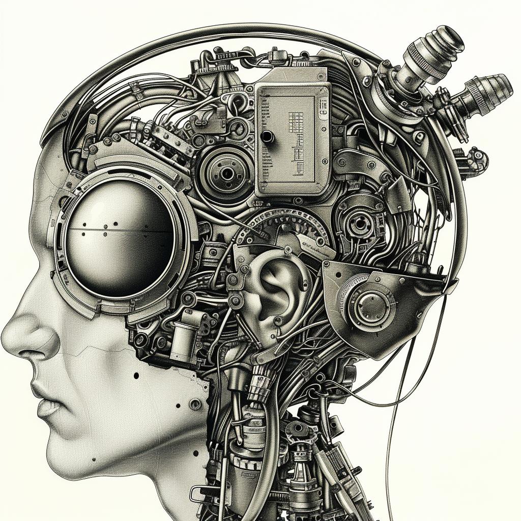 رسم رأس روبوت لساعة، سايبورغ ميكانيكي، خلفية بيضاء، فن مفاهيمي 944059