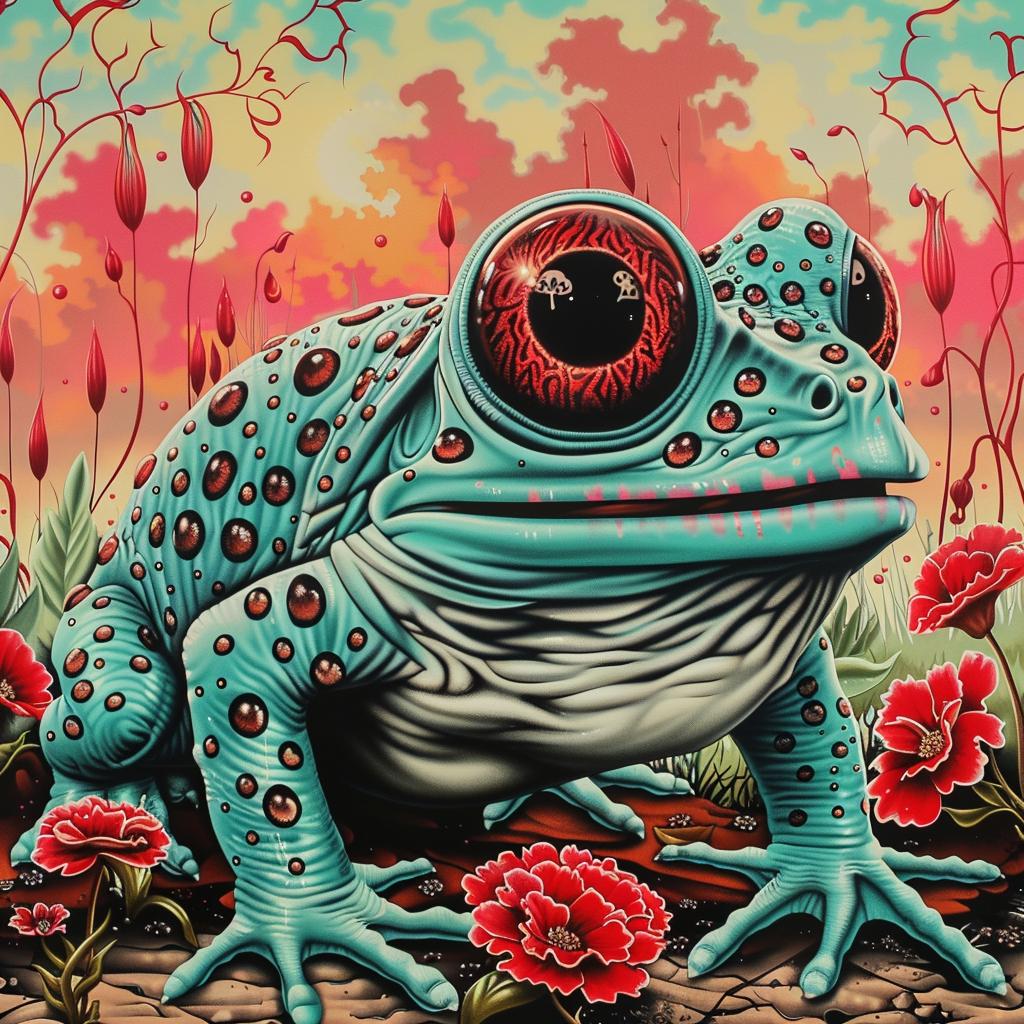 hybrid  creature  frog  red  eyes  flowers  chromolithography  white  background  painting 1033452