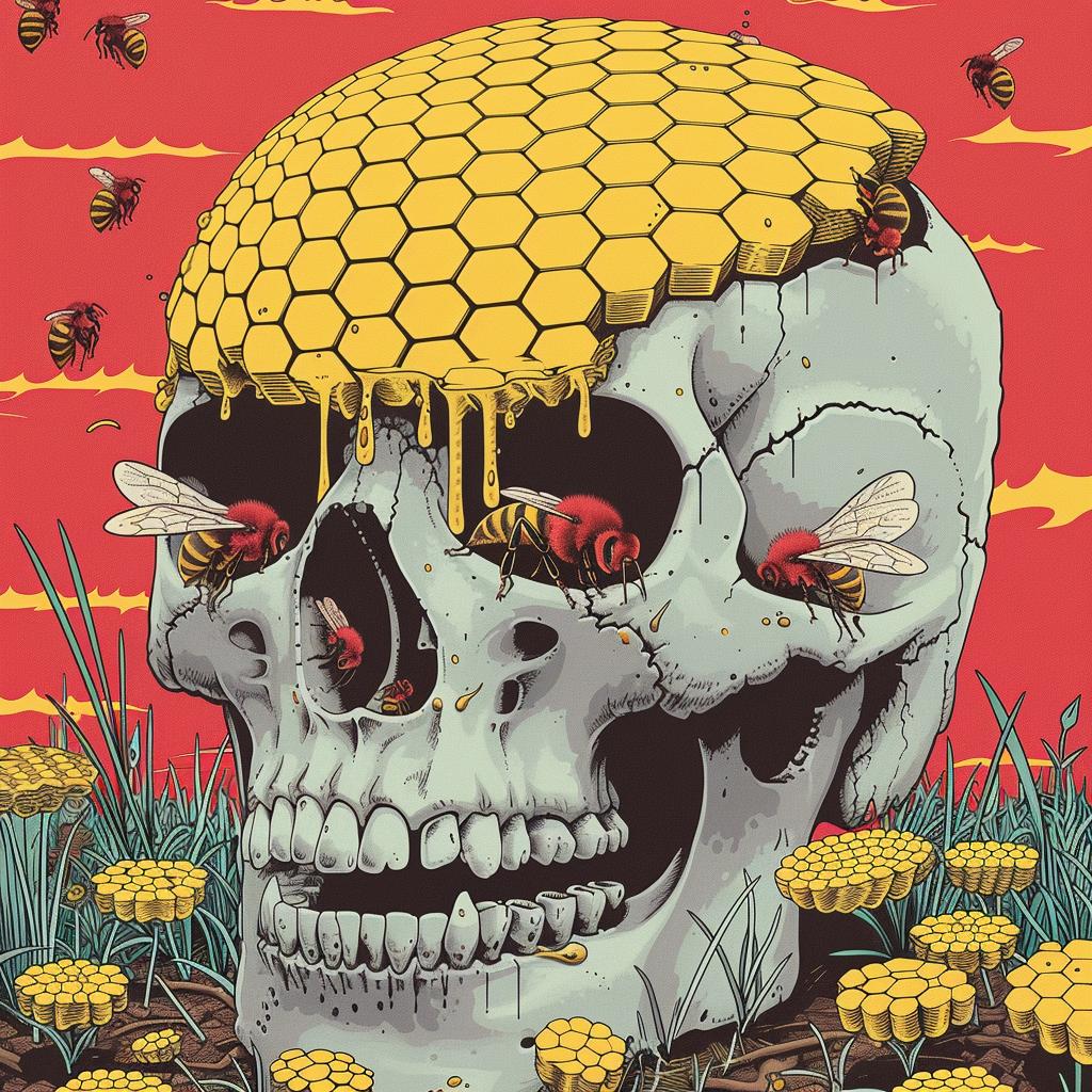 skull  bees  honeycomb  animation  vibrant  folk  decrepit  nature  colorful  illustration 944741