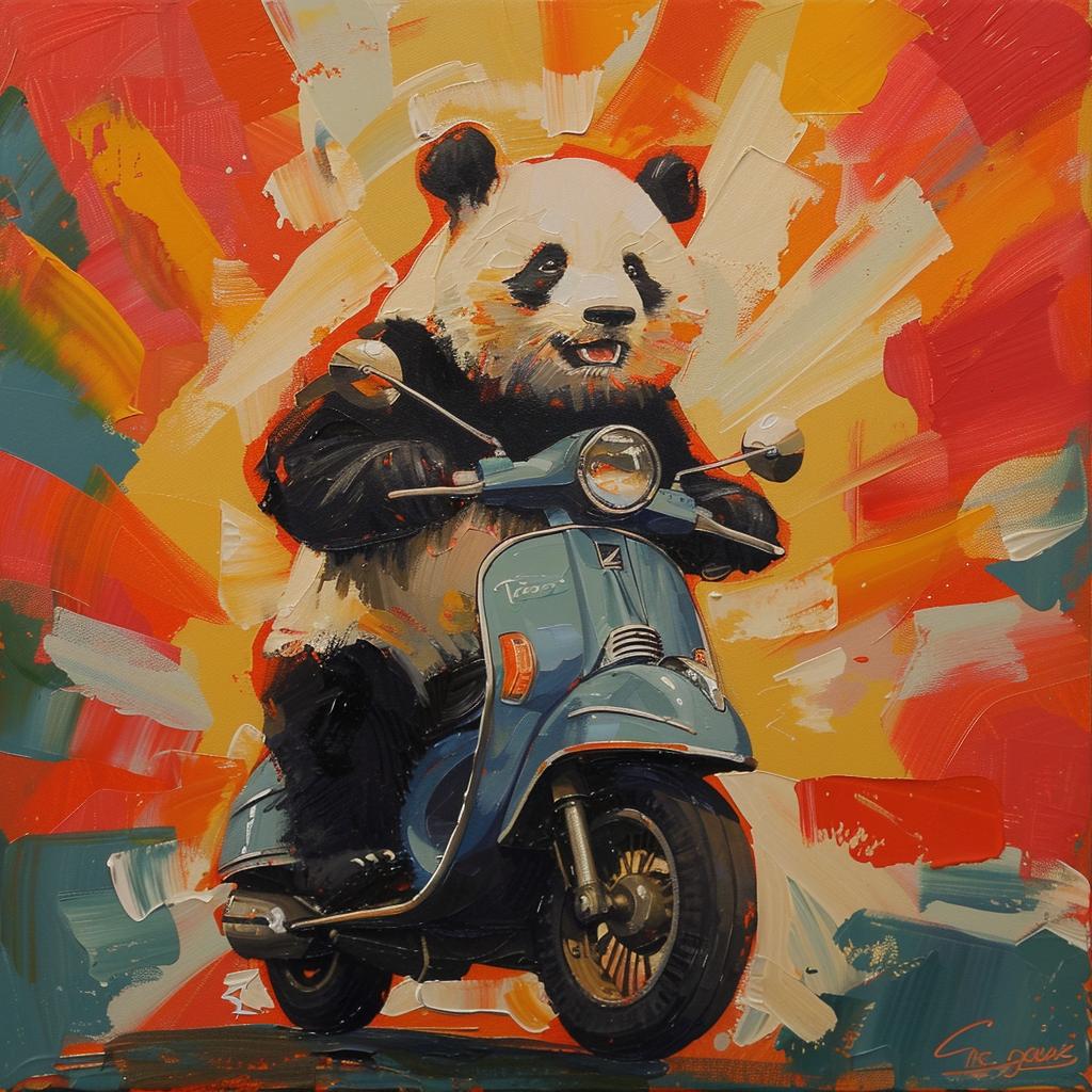 animal  humor  whimsical  transportation  painting  panda  scooter  colorful  playful  contemporary 1019667