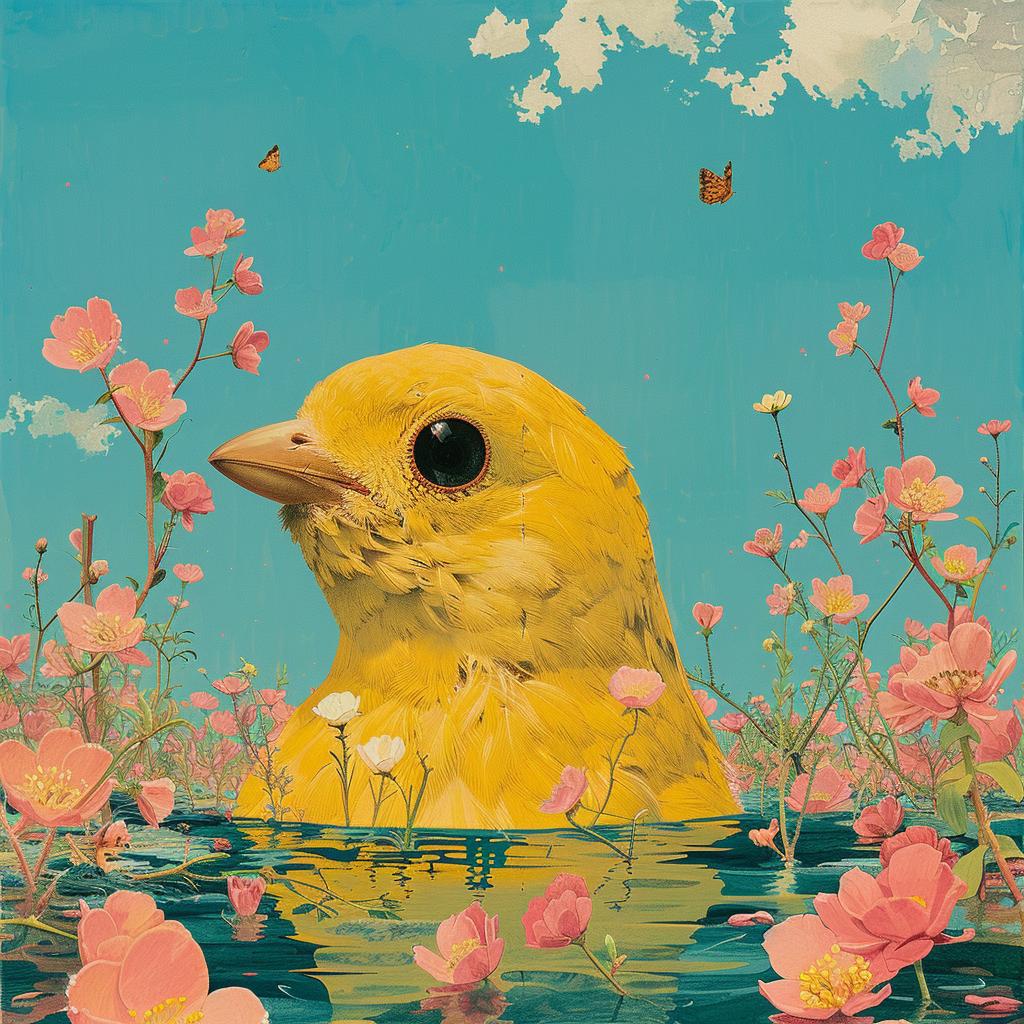 surreal  album  cover  Joan  Cornella  bird  pond  flowers  painting  color 1017669