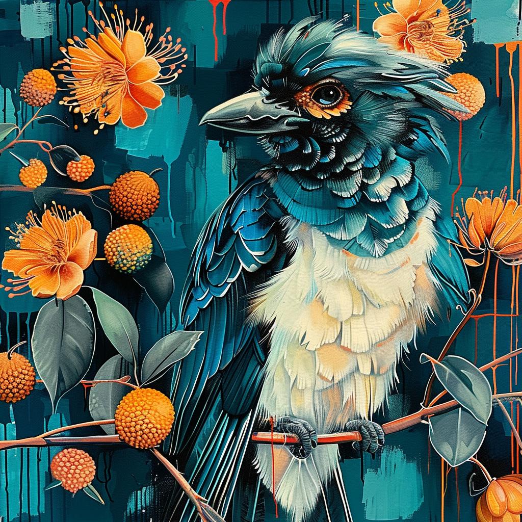 bird  flowers  orange  teal  painting  nature  vibrant  floral  colorful  art 963635