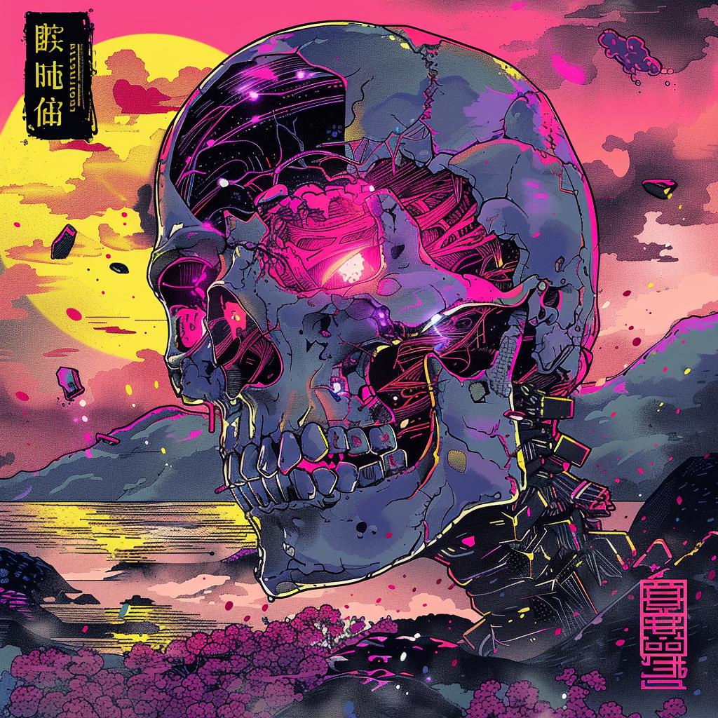 غلاف ألبوم SYNTHWAVE Ukiyo-e، زجاج مكسور من موسيقى البانك الزهرية السريالية، فرقة Risograph رقم 916483
