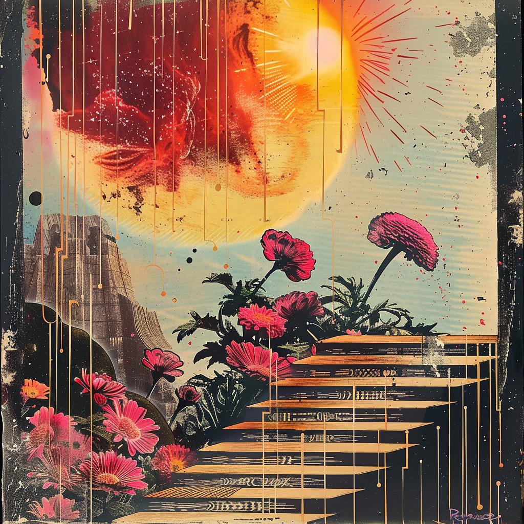 stairs  flowers  sun  vibrant  collage  abstract  colorful  nature  whimsical  artistic 939782