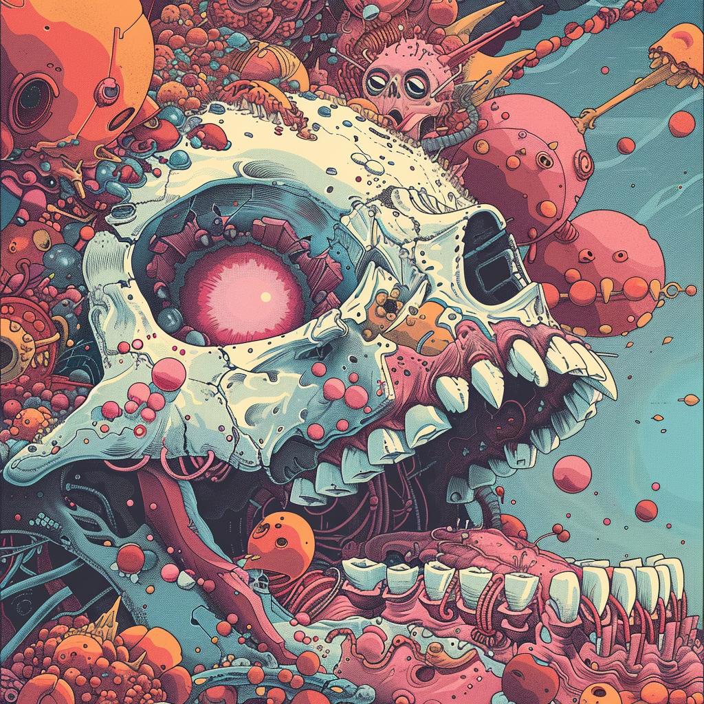 surreal  album  cover  skull  bubbles  colorful  hyper-realistic  screenprinting  Nychos  art 960915