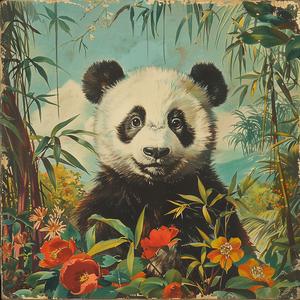 panda  bear  jungle  painting  1960s  wildlife  nature  whimsical  vibrant  lush 1079856