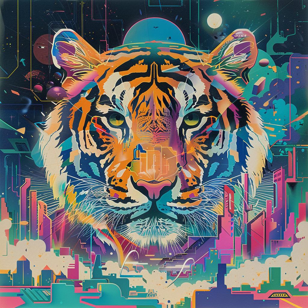 tiger  city  colorful  buildings  trippy  urban  Nychos  art  80s  synthwave 960736