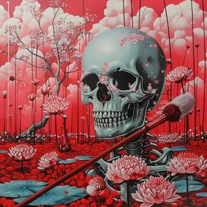 chromolithography  deathmetal  horror  skull  brush  flowers  Japanese  macabre  vibrant  art 1039803