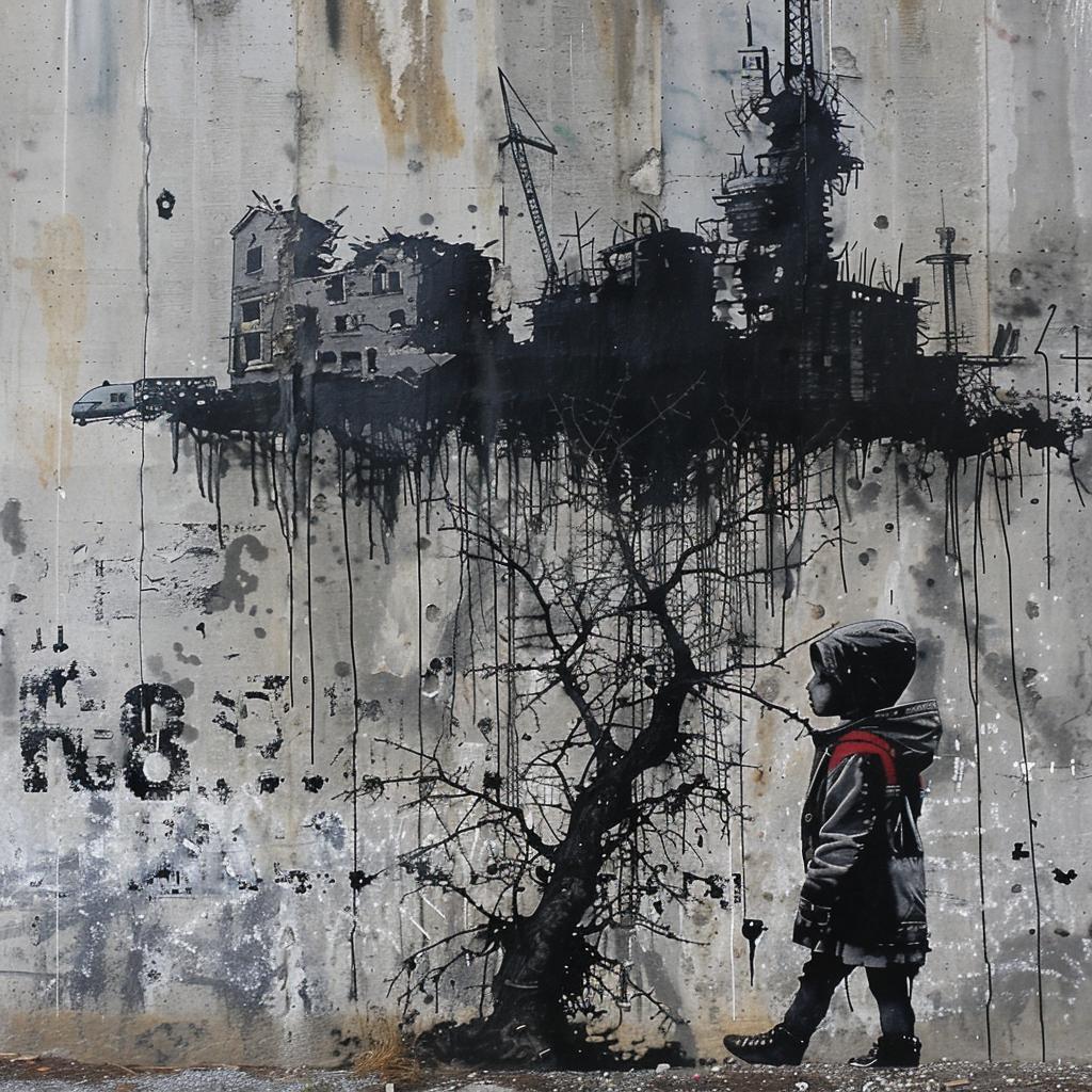 surreal  album  cover  hyper-realistic  screenprinting  graffiti  boy  wall  Banksy  art 960389