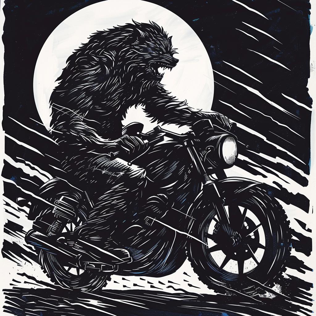 werewolf  motorcycle  black  white  drawing  art  graphic  stylized  illustration  monster 1025084
