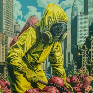 chromolithography  hazmat  worker  eyeballs  man  gasmask  shovel  urban  surreal  dark 1039732