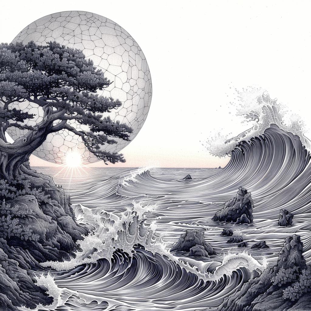 minimal  synthwave  Ukiyo-e  tree  ocean  waves  surreal  Risograph  Symbolist  art 916273