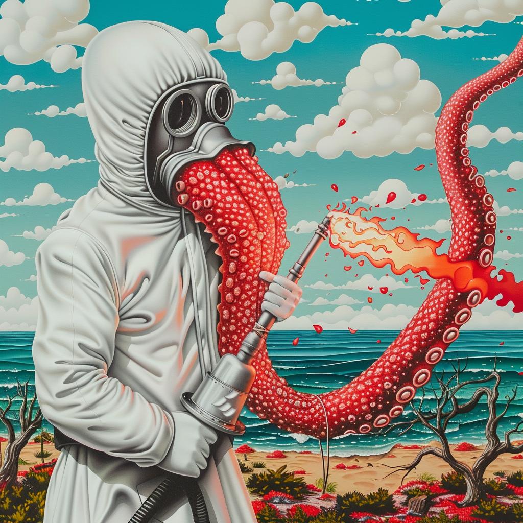 hazmat  flamethrower  octopus  attack  man  gas-mask  painting  fantasy  action  sea-monster 944291