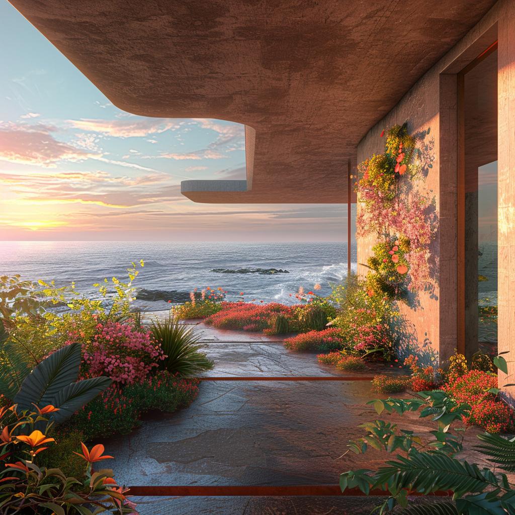 هندسة معمارية، منزل على المحيط، تصميم لحديقة لوكوربوزييه، زهور نابضة بالحياة، عرض تصميم رقم 1036375