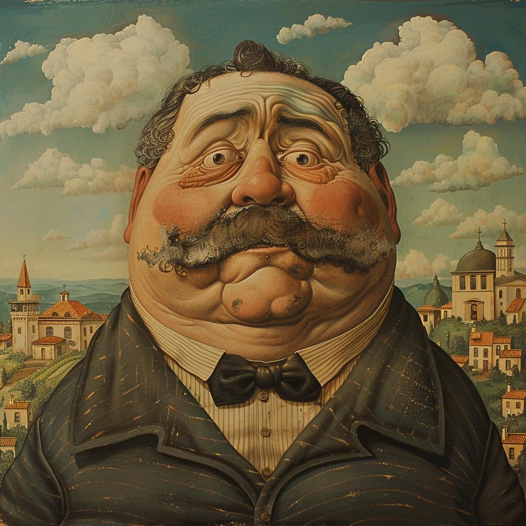 surreal  album  cover  encaustic  hyper-realistic  Botero  painting  mustache  hat  creative 959923