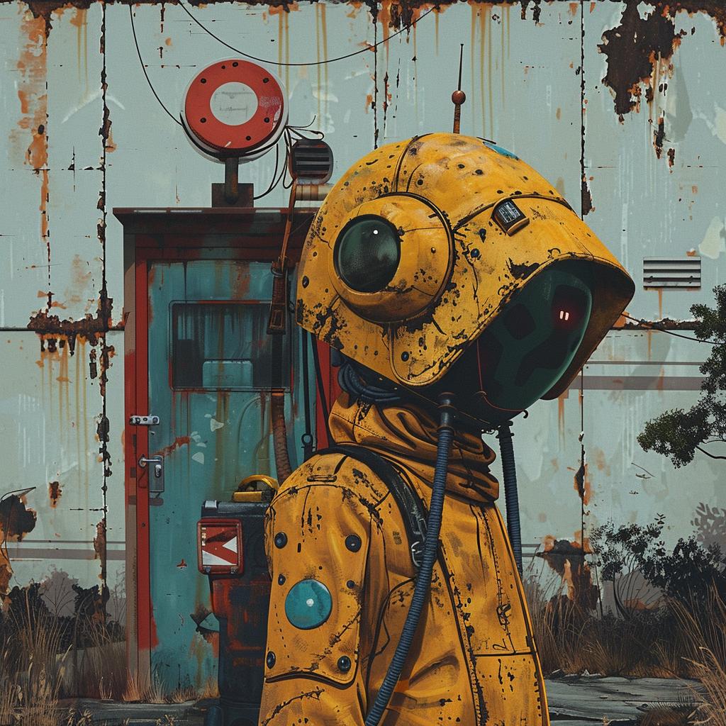 surreal  album  cover  hyper-realistic  screenprinting  man  yellow  suit  building  rusty 960287
