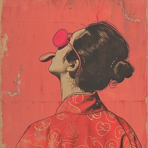 block  print  woman  kimono  sunglasses  smoking  Hokusai  color  style  playful 1063796