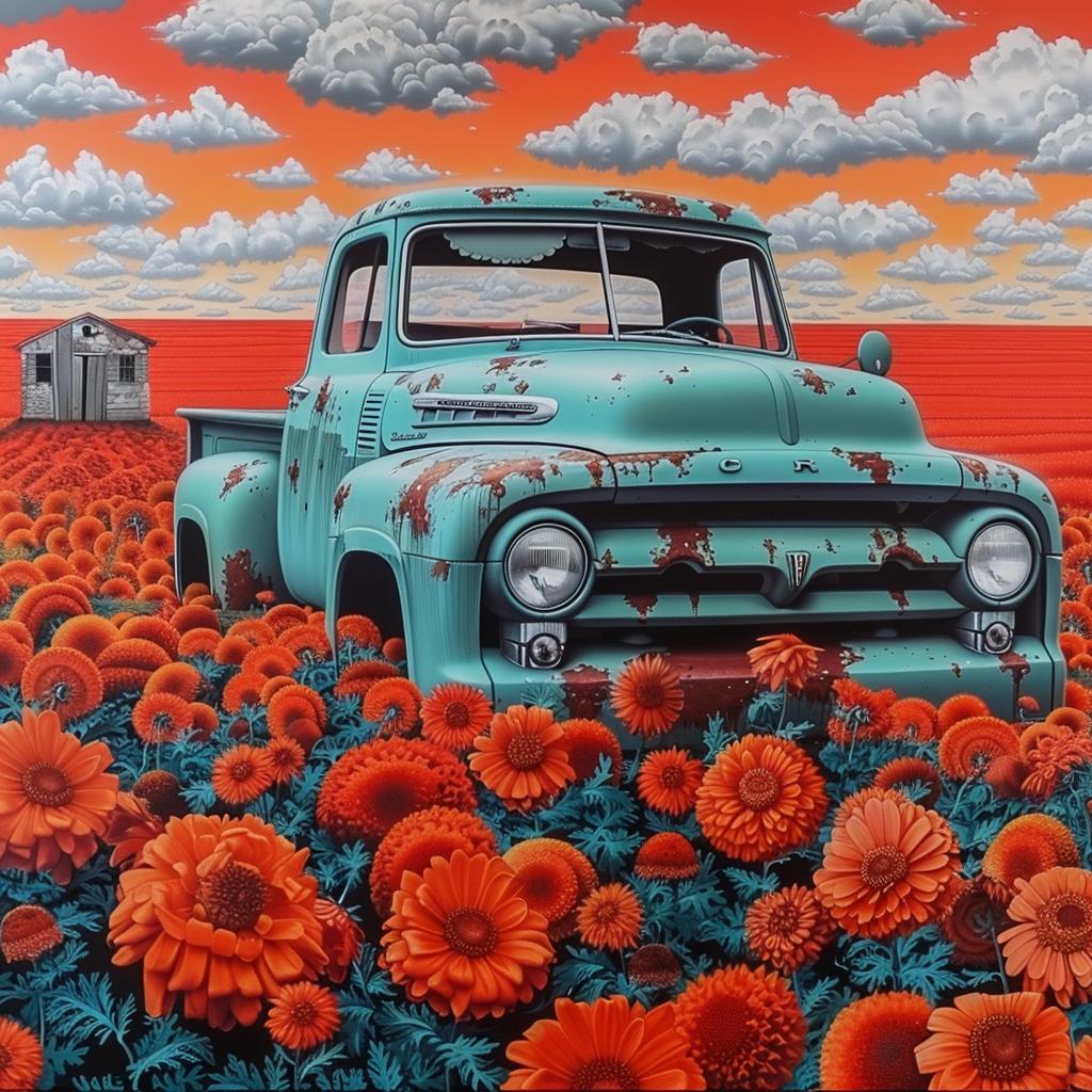 collage  truck  flowers  field  bioluminescent  wheat  rusted  sunflowers  art  Robert Rauschenberg 1016805