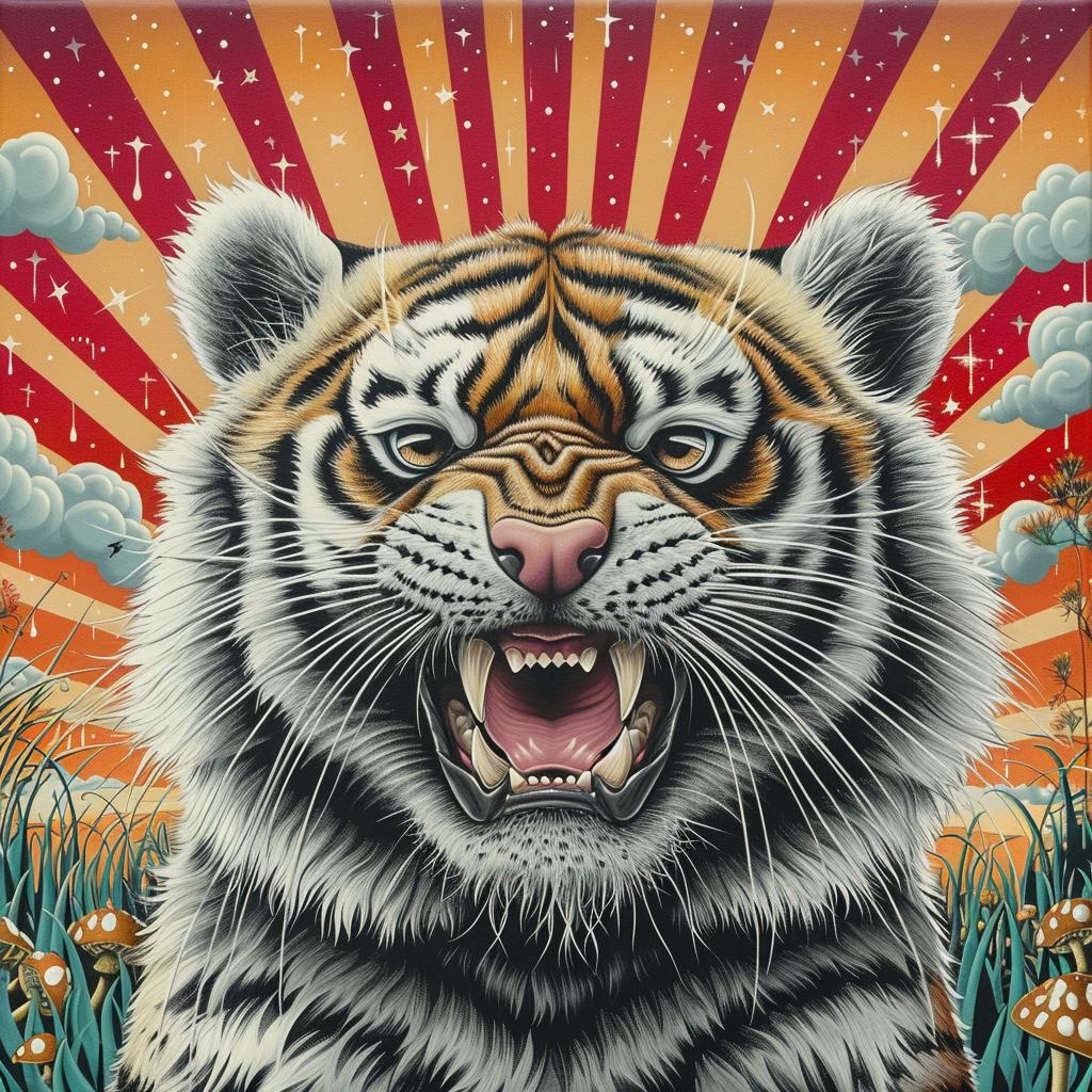 hybrid  creature  panda  tiger  raccoon  sunburst  open  mouth  colorful  playful 1033404