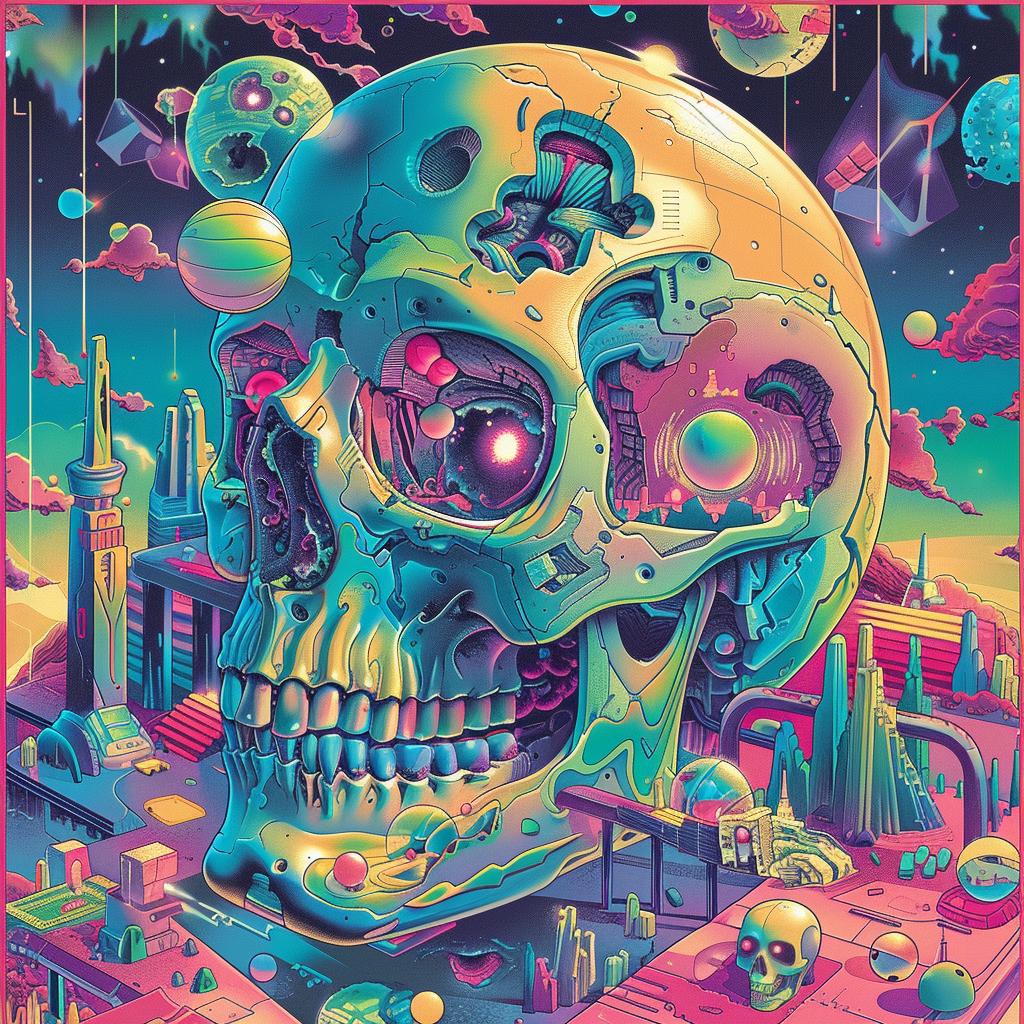 album  cover  psychedelic  skull  city  background  colorful  trippy  Nychos  1980s 960728