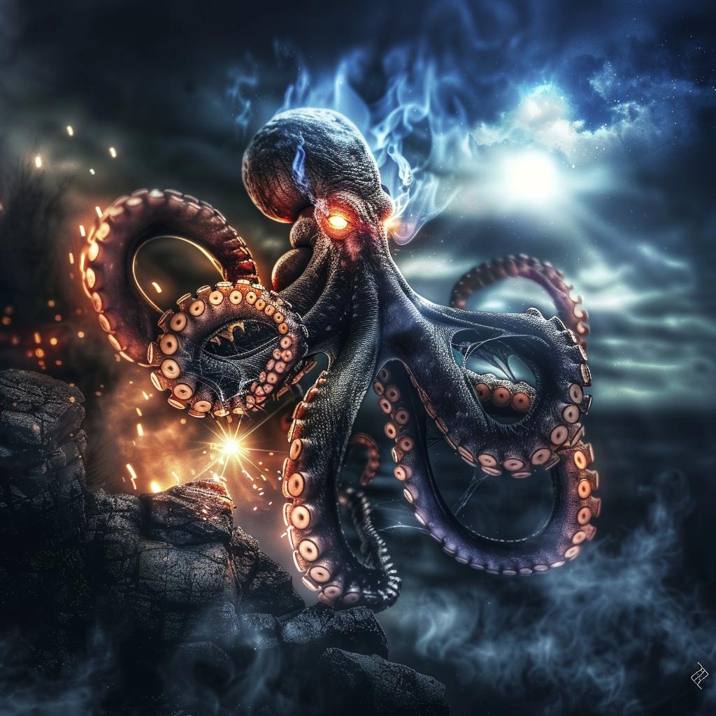 octopus  tentacles  glowing  eyes  fire  fantasy  creature  Todd  McFarlane  whimsical 1034353