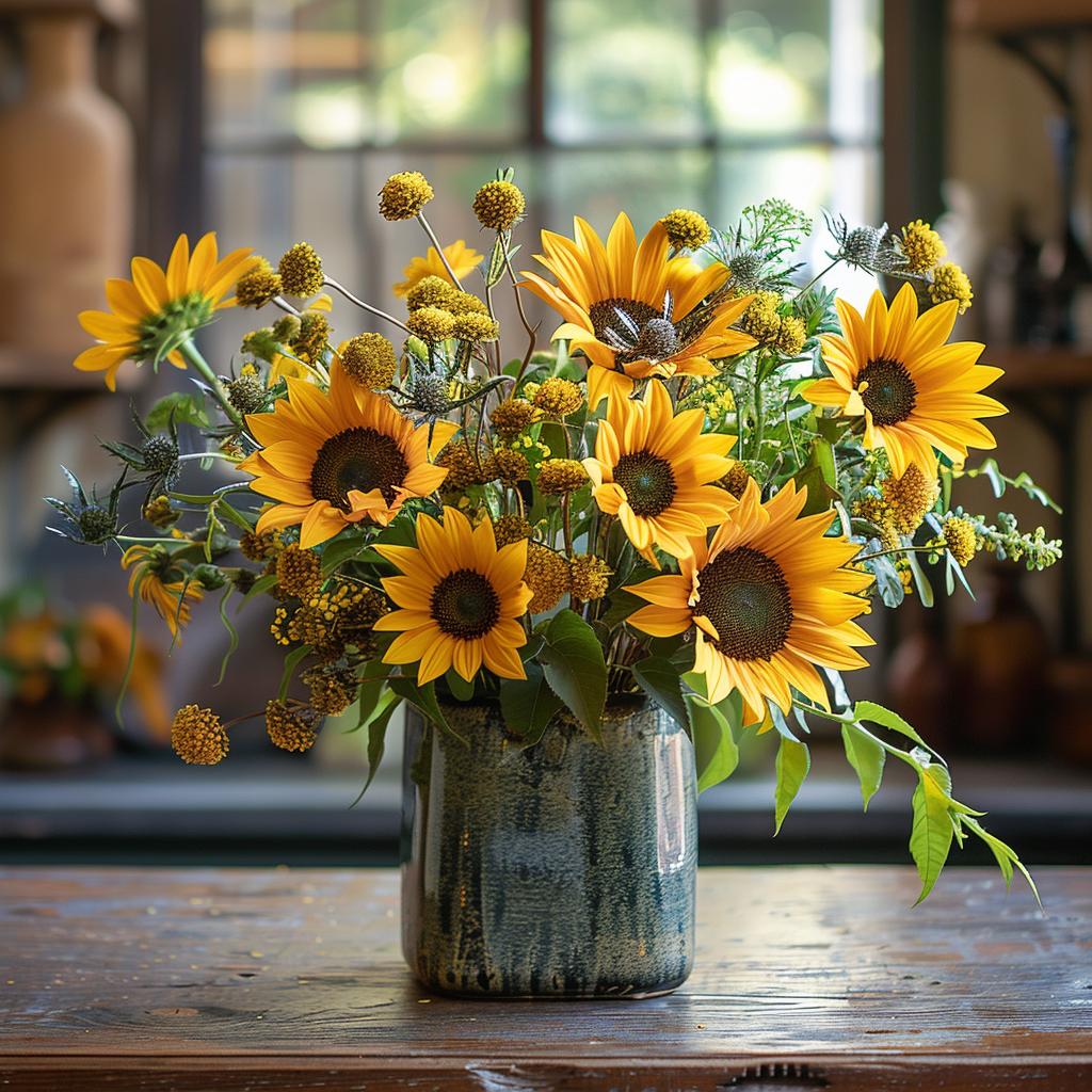 sunflower  arrangement  vase  wooden  table  flowers  bright  colorful  nature  still-life 927479
