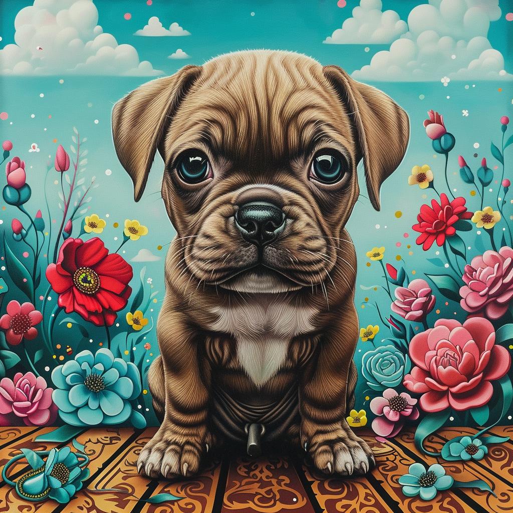pitbull  puppy  kawaii  flowers  wooden  floor  painting  cute  white  background 1033468