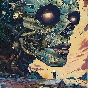 robot  skull  painting  Jack Kirby  Art Nouveau  Surrealism  pointillism  gold  indigo  teal 1076380