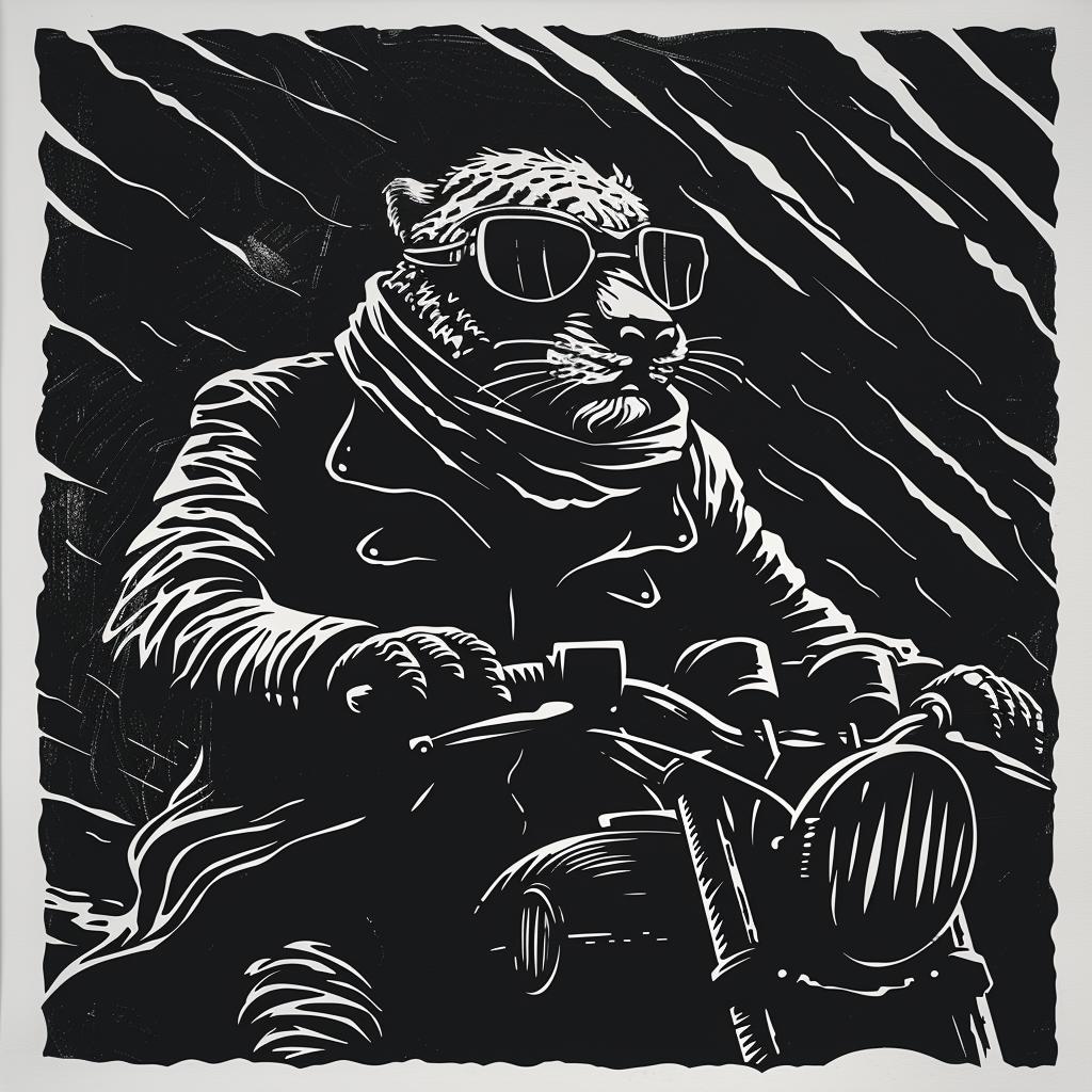 tiger  motorcycle  scarf  goggles  anthropomorphic  rain  stylized  vintage  illustration  art 1026018