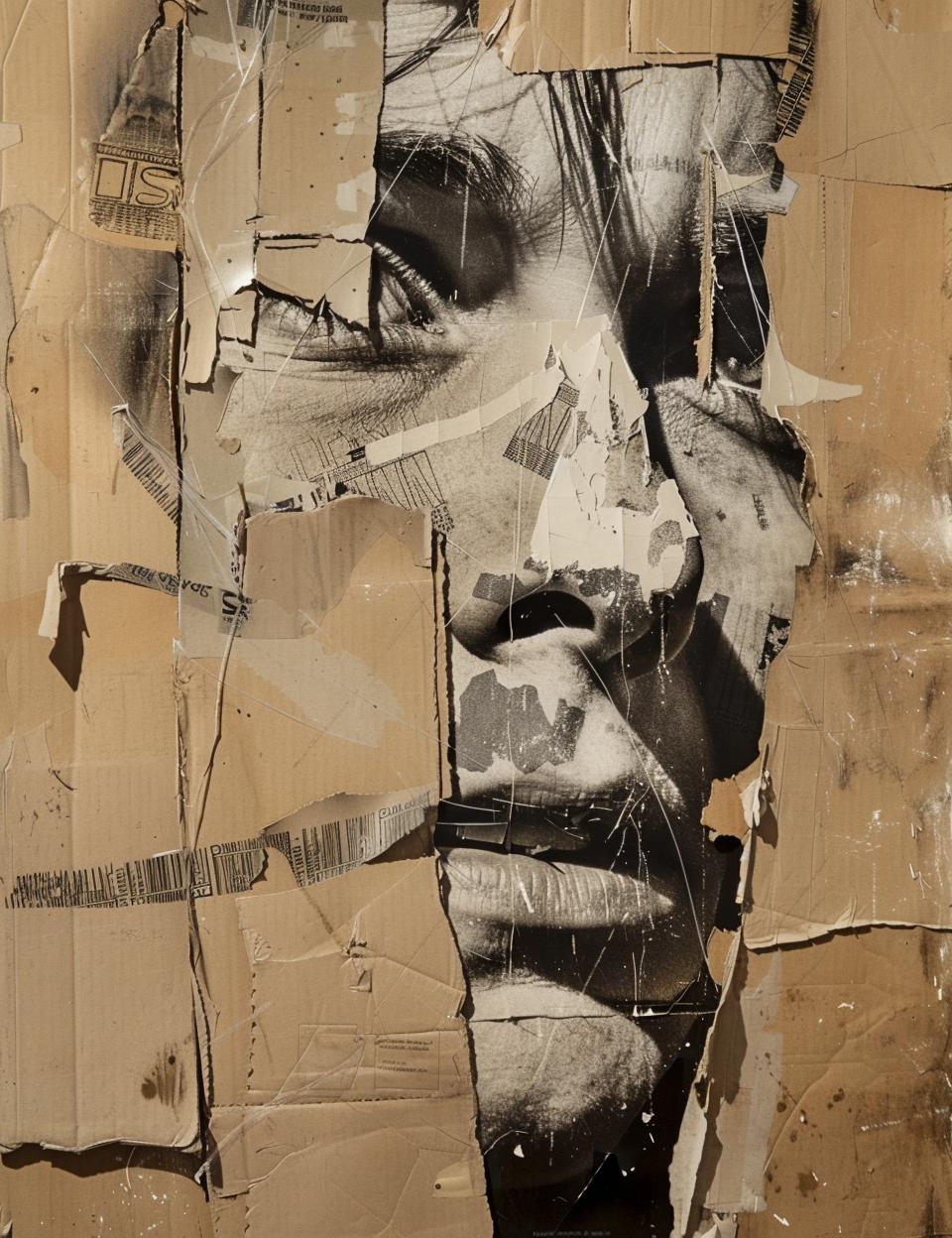 cardboard  portrait  woman  face  painting  worn  stylized  mixed media  emotive  abstract 962251
