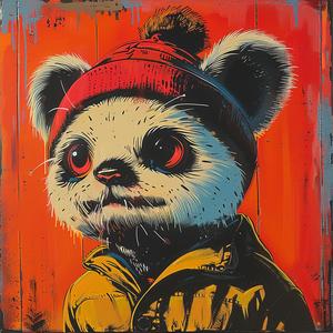 panda  bear  red hat  painting  playful  cute  colorful  whimsical  cartoonish  illustration 1080038