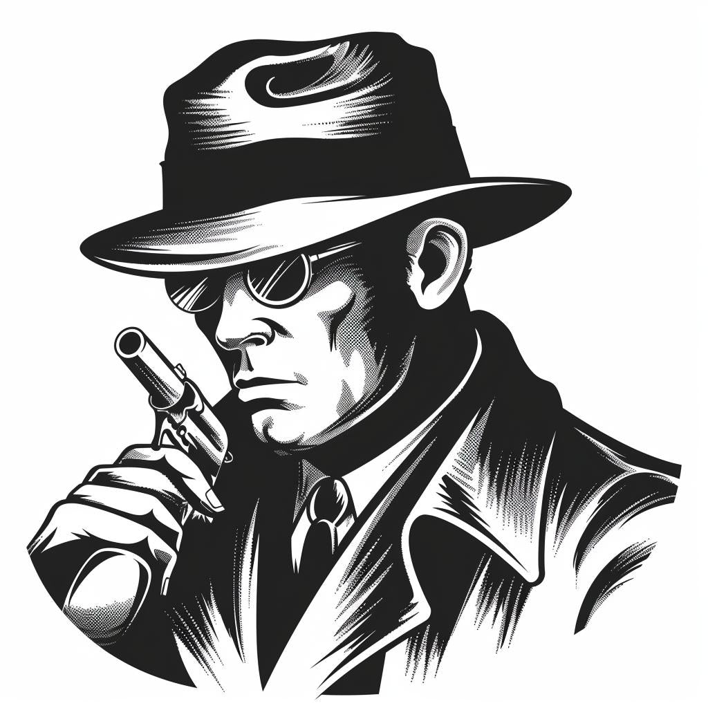 silhouette  detective  icon  vintage  linocut  blackandwhite  boldlines  illustration  men  gun 951857
