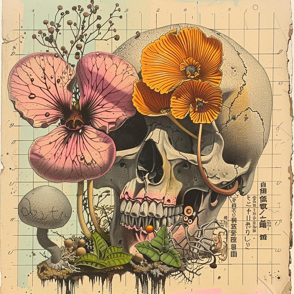skull  flowers  drawing  paper  Japanese  art  nature  intertwined  spores  cluster 1036334
